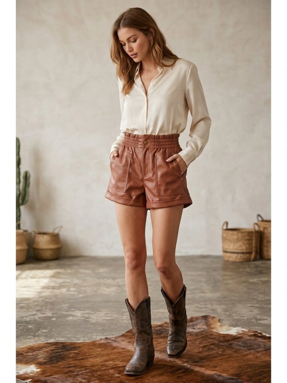 Forever 21 Women’s Faux Leather Elastic Waist Shorts - Rust